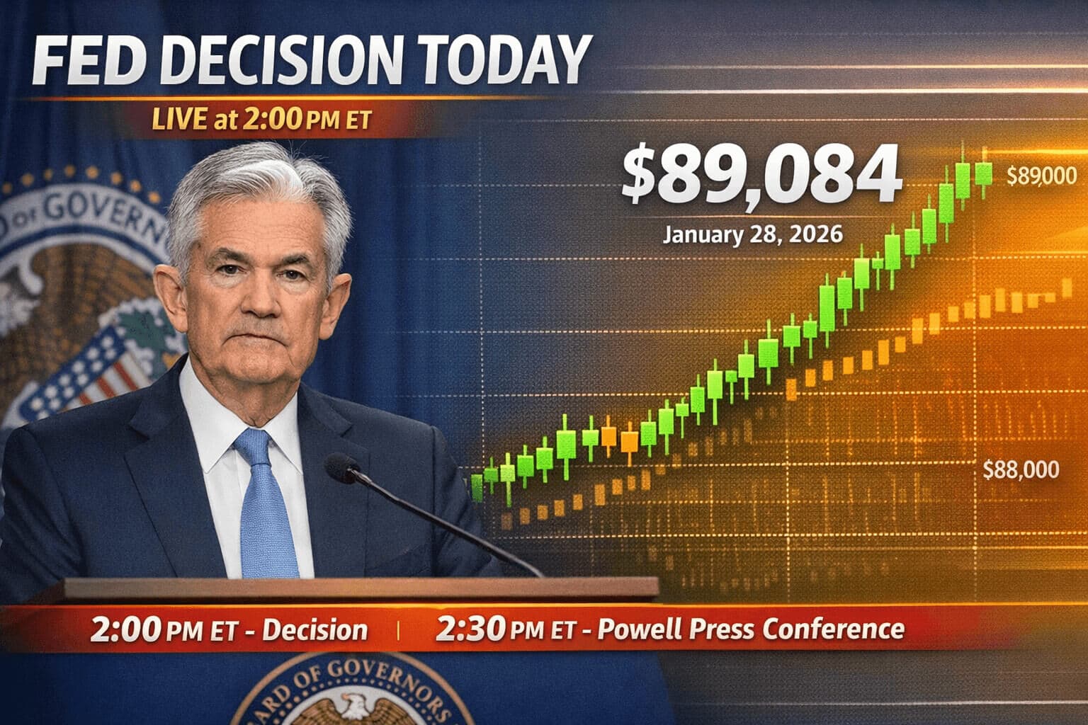 Fed Decision Today: Bitcoin Holds $89K as Powell Speaks at 2:30 PM